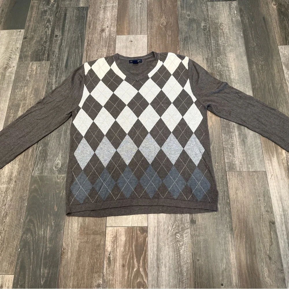 Banana Republic Sweater Mens XL Silk Cashmere Argyle Diamond Preppy Brown/gray